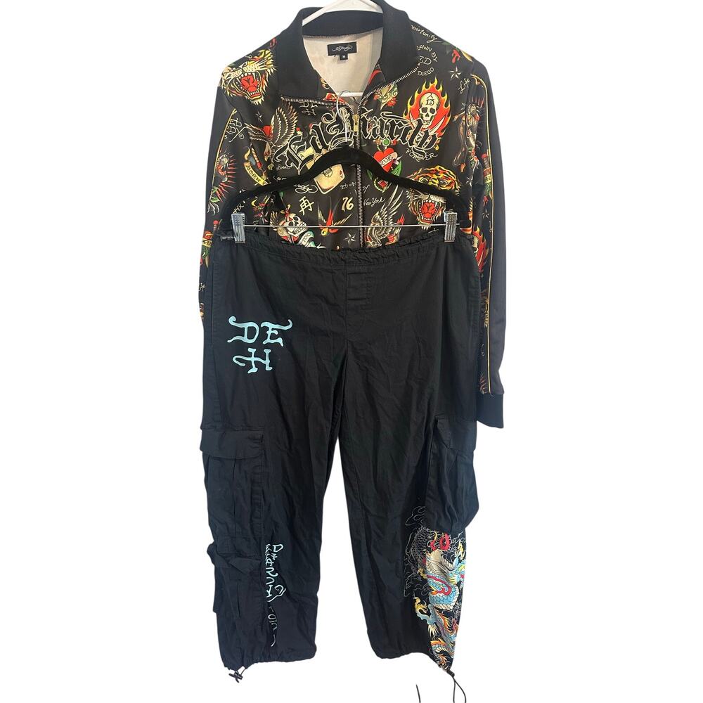 Ed Hardy Tattoo Embroidered Track Jacket and Parachute Pants Set Sz M Nice!